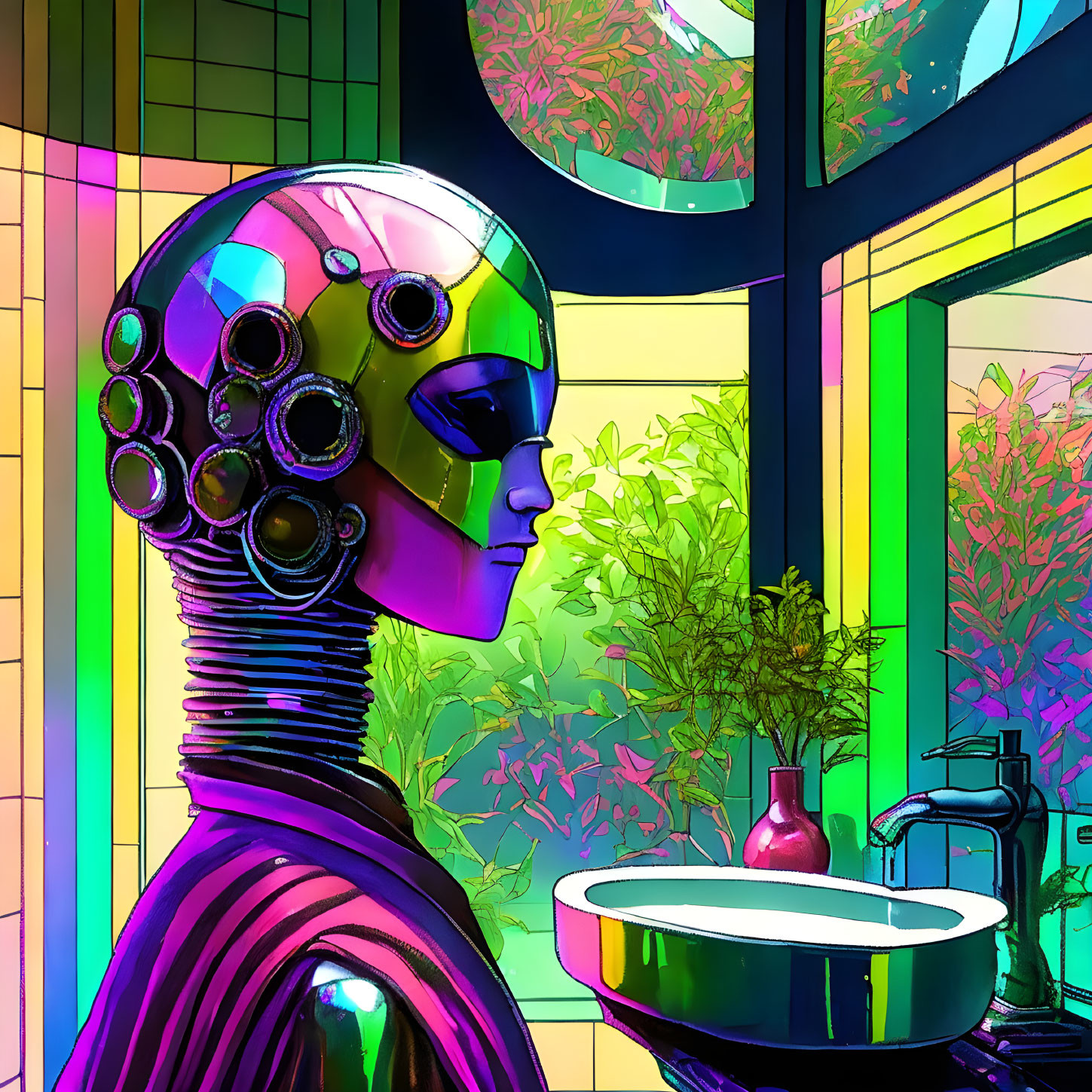 Futuristic robot with spherical head in vibrant room