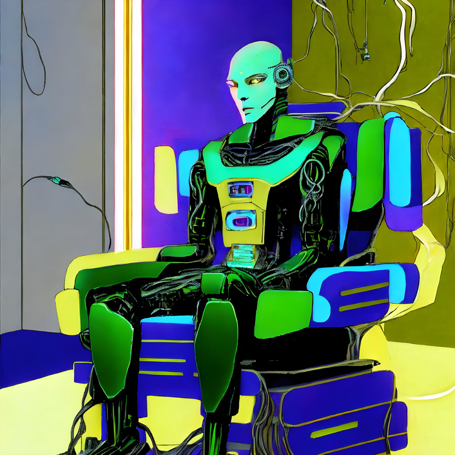 Colorful illustration: humanoid robot with bald head sitting crossed legs, abstract background