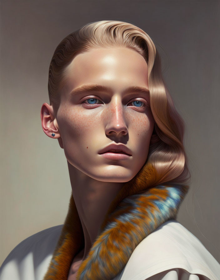 Realistic digital portrait of a person with blond hair, blue eyes, fair skin, and colorful fur