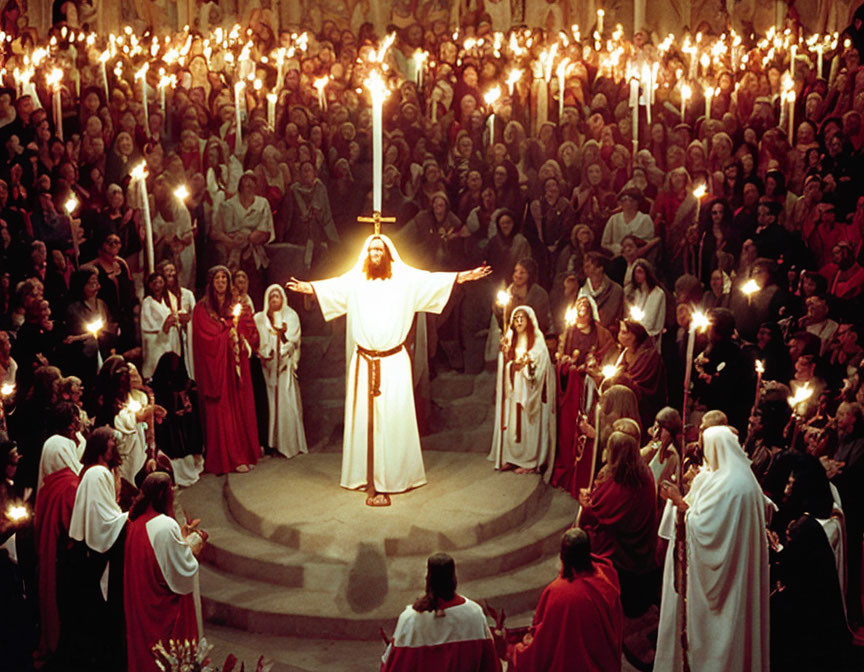 White-robed figure with outstretched arms in candlelit gathering