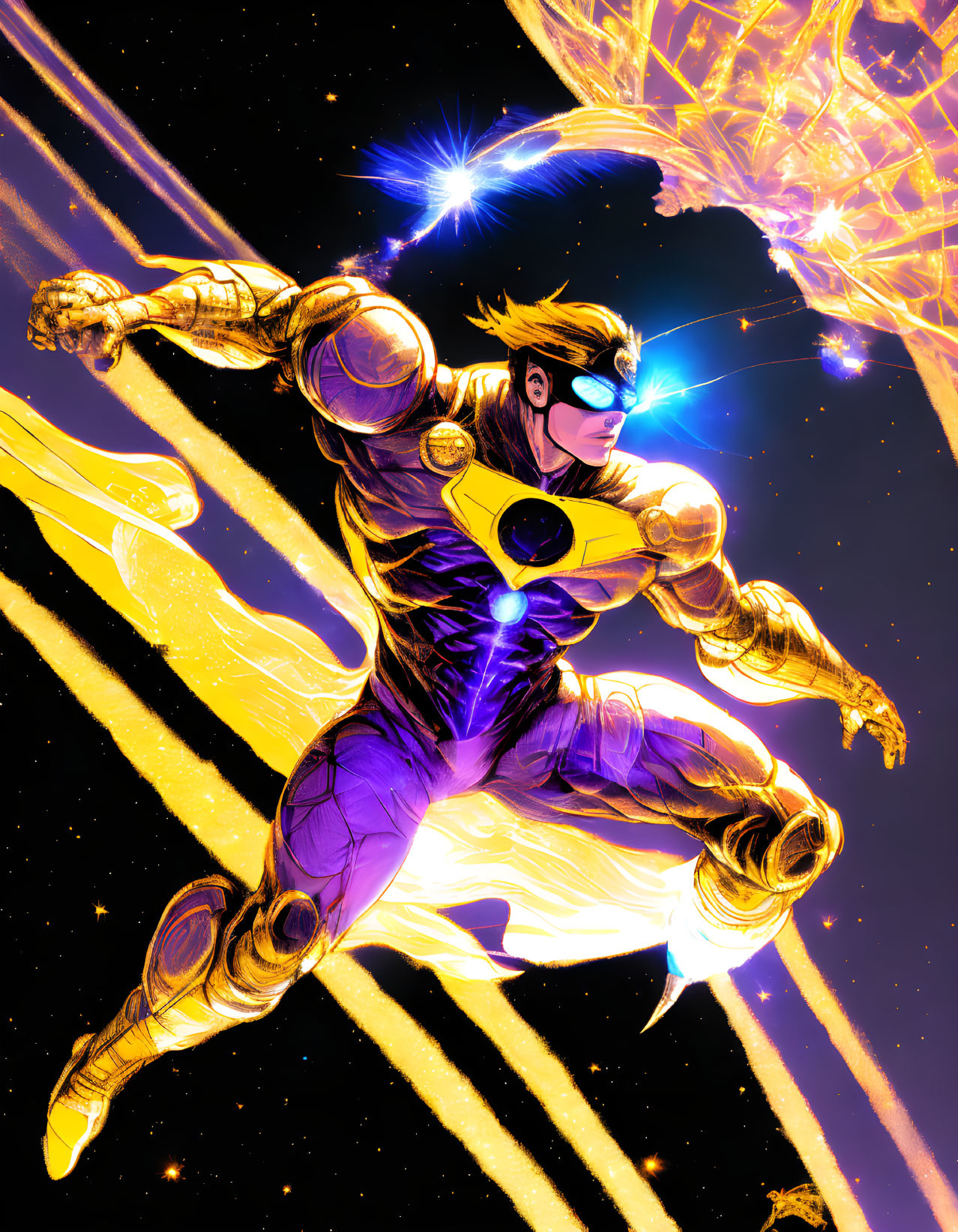 Superhero in Purple and Gold Armor Flying Through Space