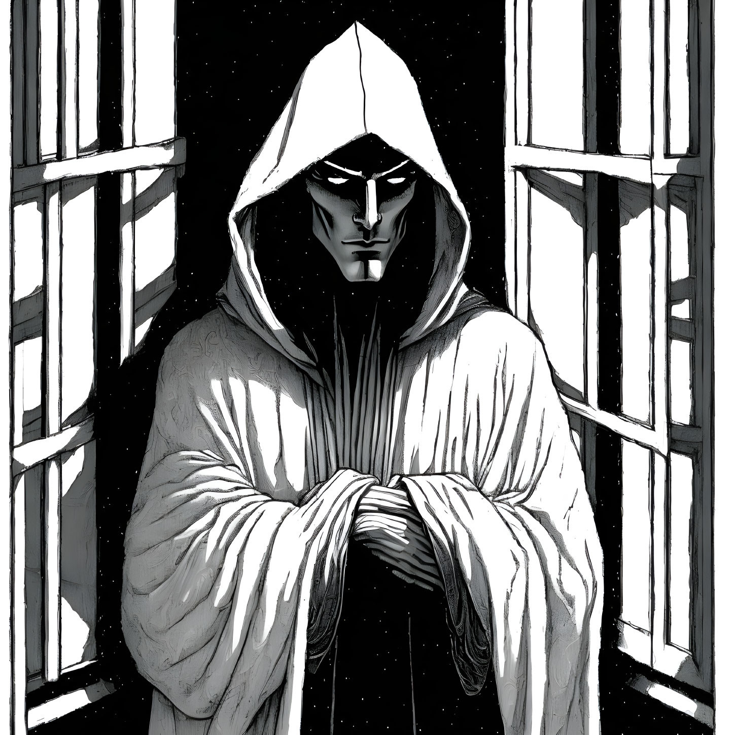 Monochrome illustration of mysterious figure in hooded cloak by backlit window