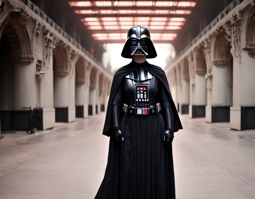 Person in Darth Vader costume in grand hallway with arched ceilings and columns