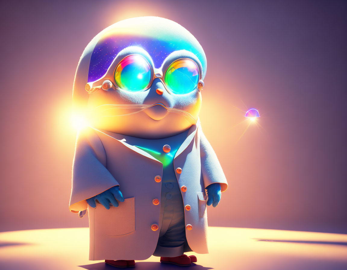 Scientist penguin character with glowing glasses in universe theme under warm lighting