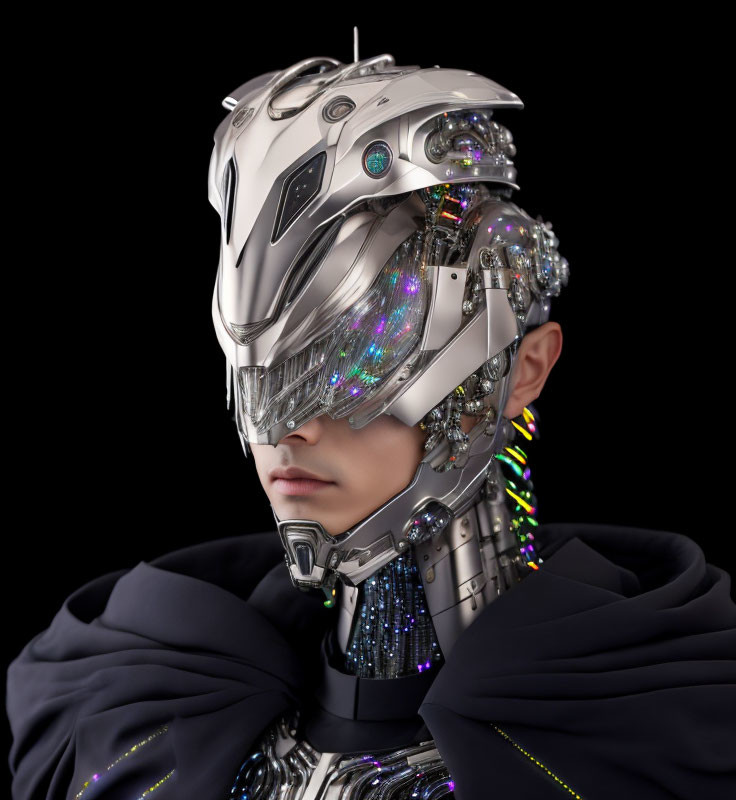 Advanced Cyborg with Metallic Headpiece and Colorful Circuits on Dark Background