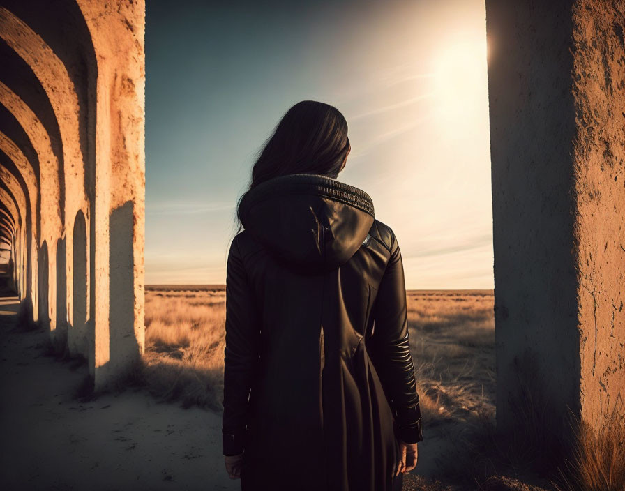 Person in Black Jacket Watching Sunset by Deserted Arches