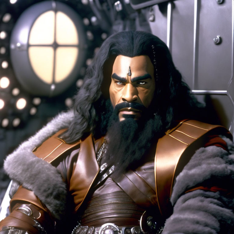 Stern CGI-animated male character with long black beard and ornate headpiece in front of circular