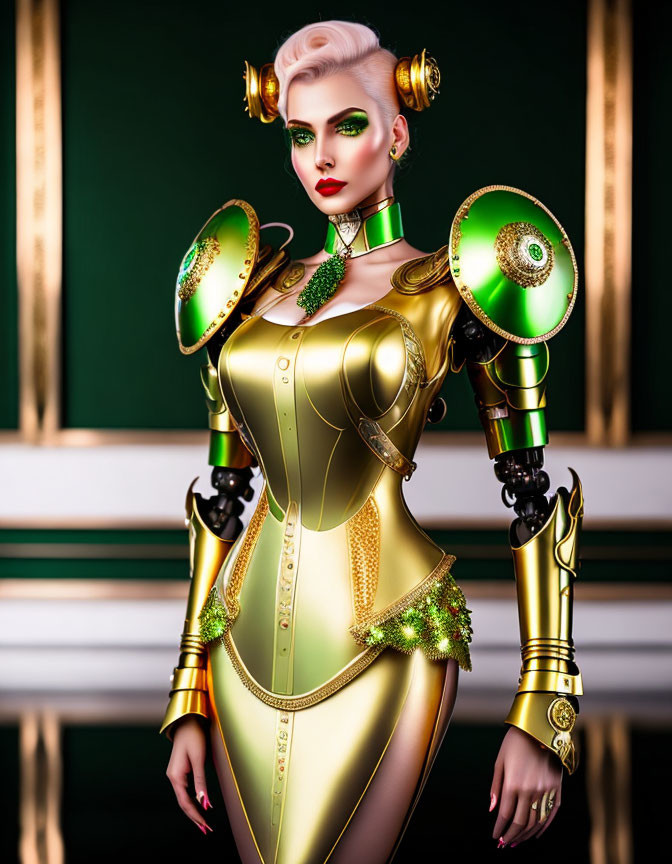 Stylized illustration of woman in futuristic golden armor with green gem accents