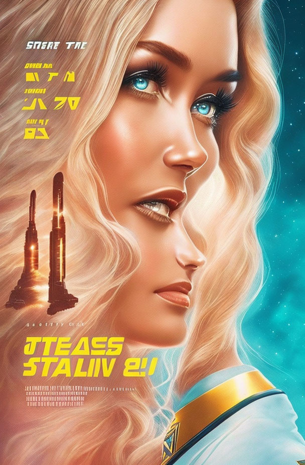 Blonde woman in spacesuit with rockets in sci-fi poster