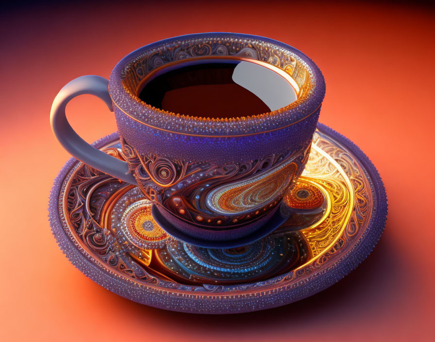 Ornate 3D Cup and Saucer with Swirling Patterns in Blue, Orange, and