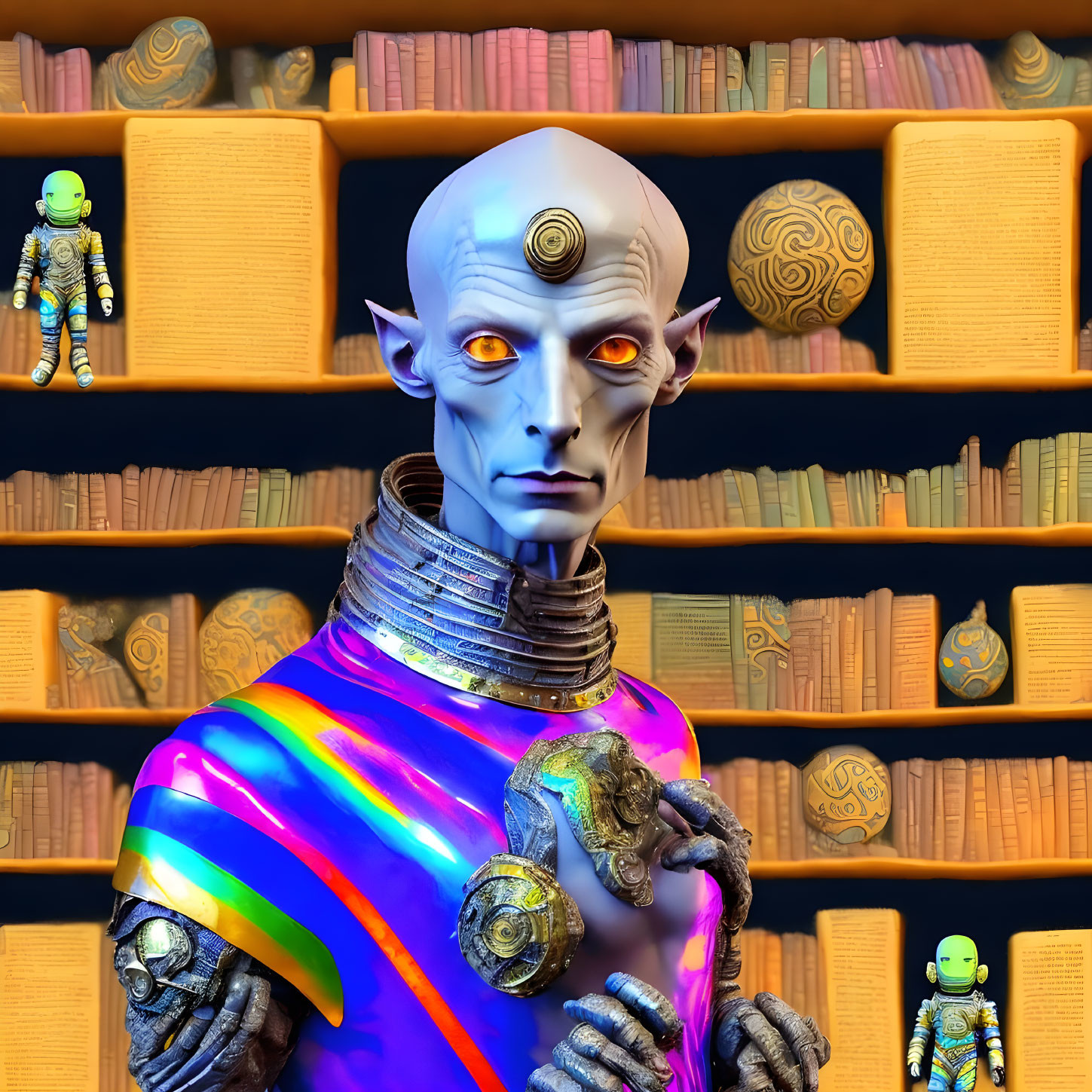 Purple alien in colorful suit with spiral pattern on head among ancient artifacts