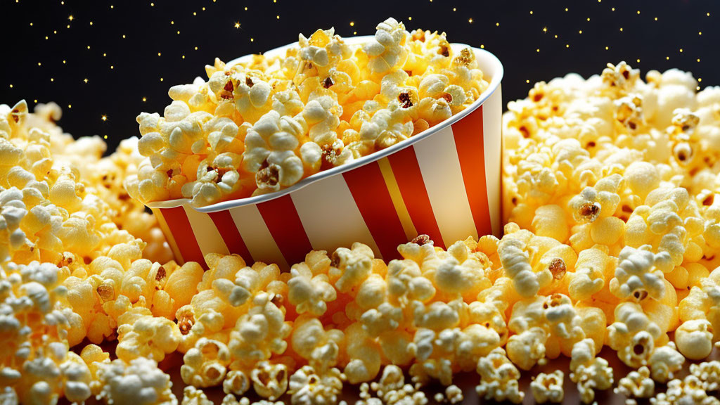 Striped Popcorn Box Overflowing with Golden Popcorn on Dark Background