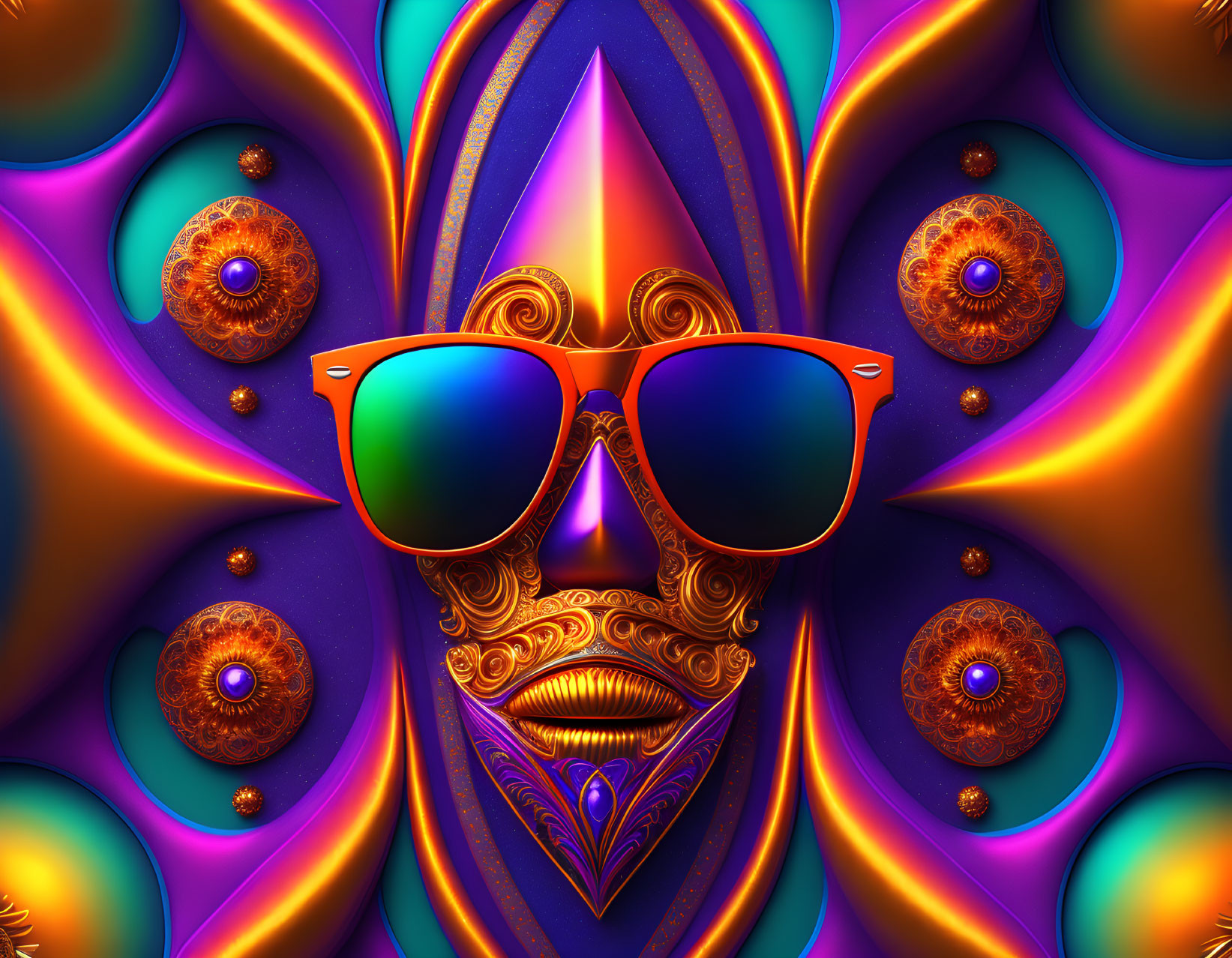 Colorful Digital Art: Stylized Face with Sunglasses Amid Psychedelic Patterns