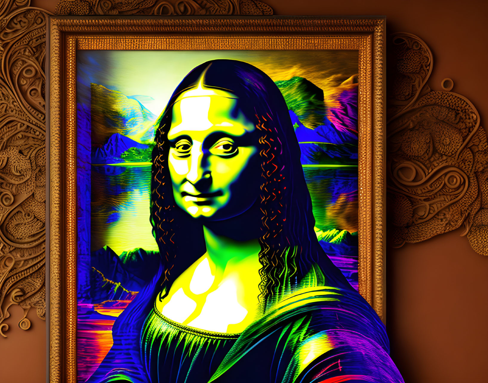 Vibrant Psychedelic Mona Lisa Redesign on Paisley Background