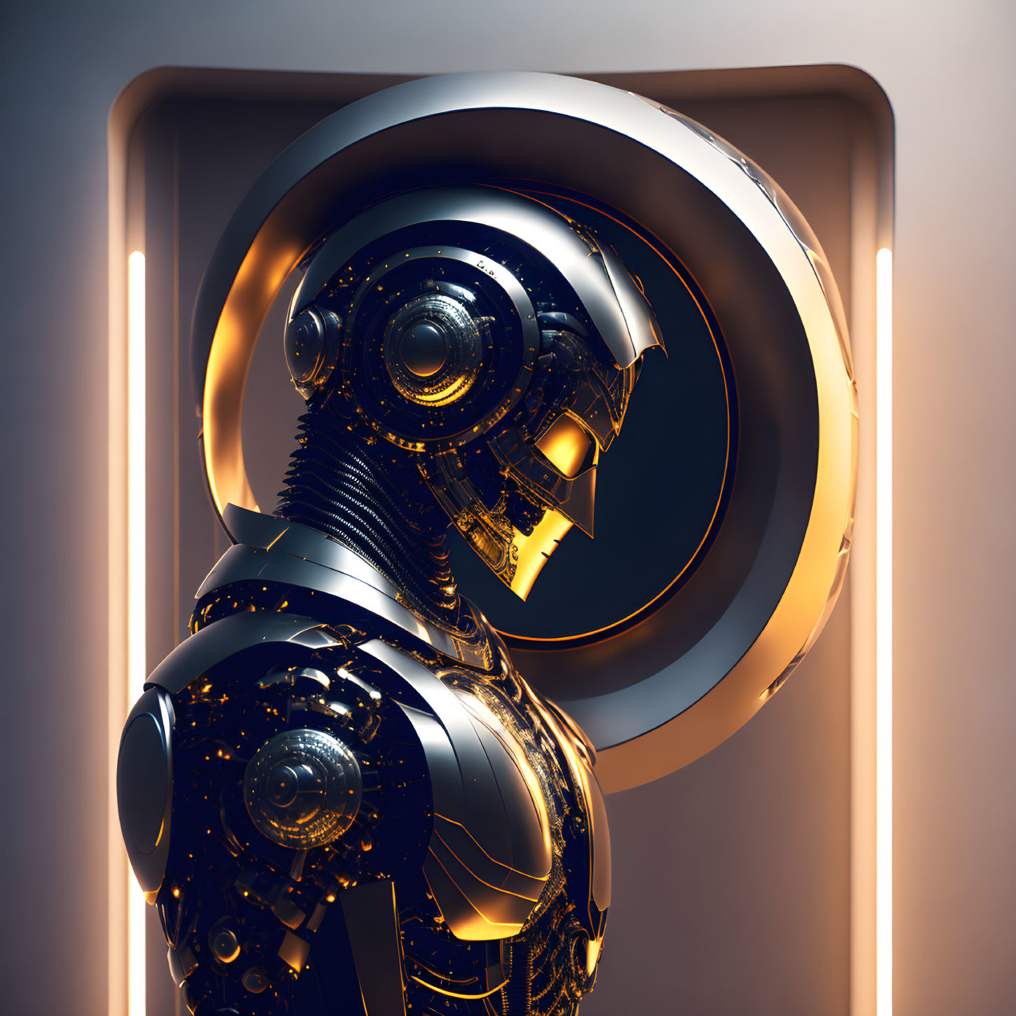 Detailed futuristic robot in black and gold design in dimly lit space