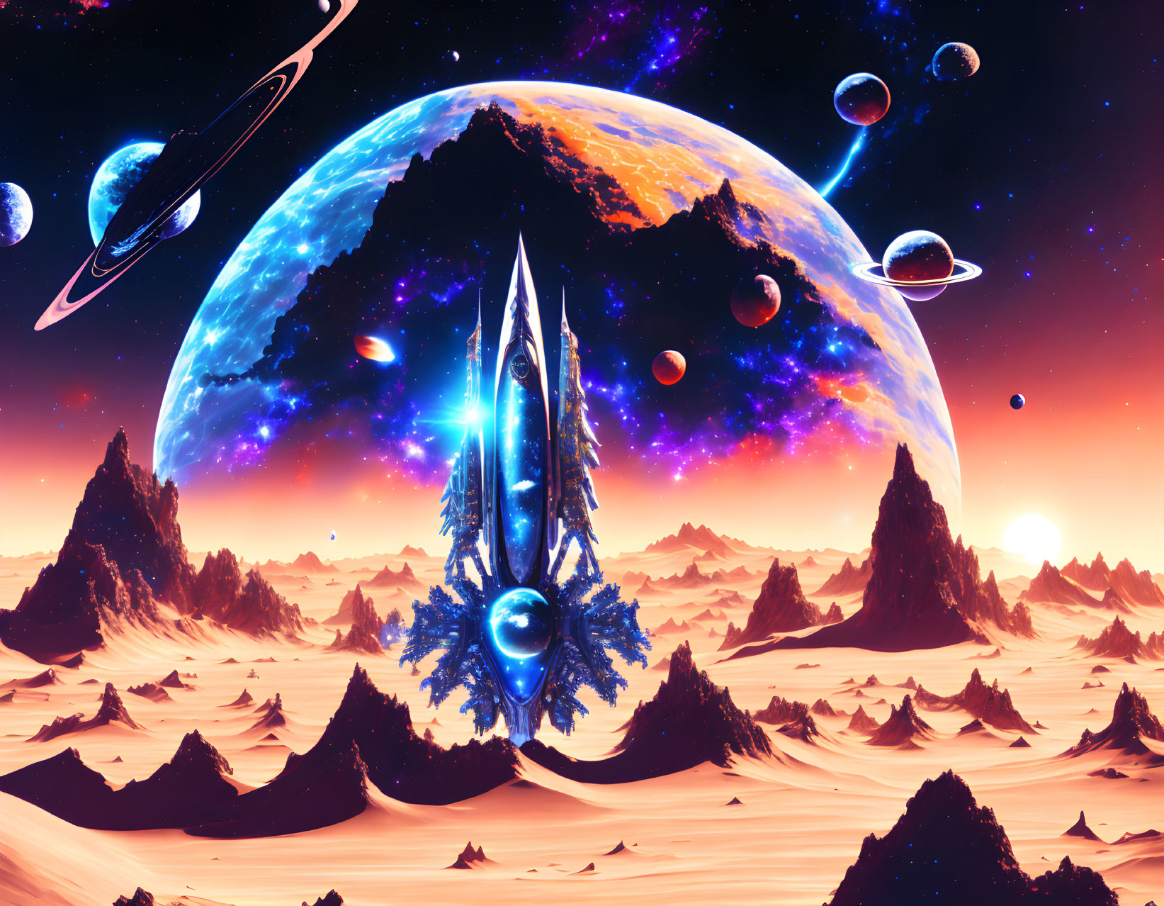 Colorful sci-fi desert landscape with cosmic background and spaceship