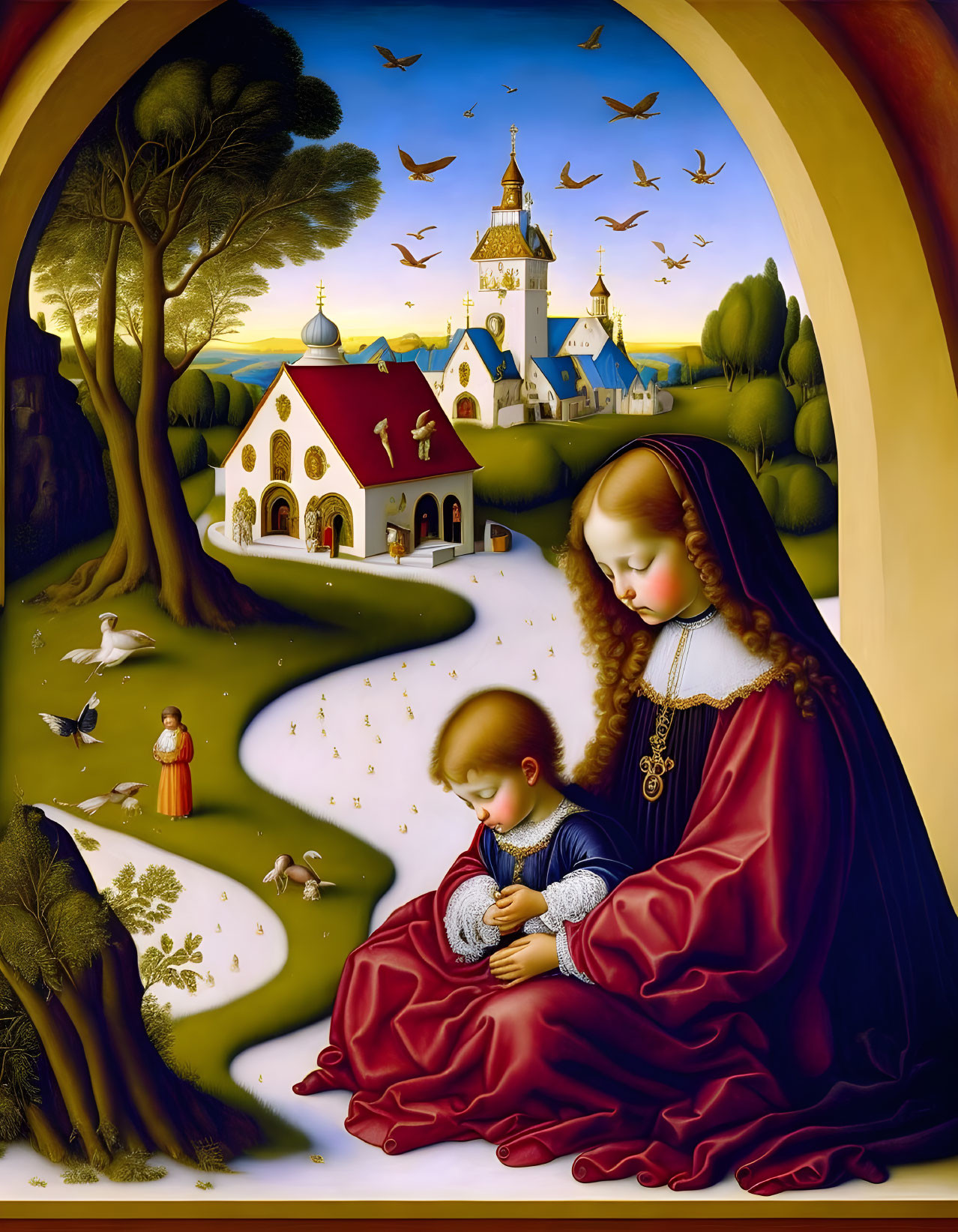 Vibrant painting of woman and child in pastoral landscape