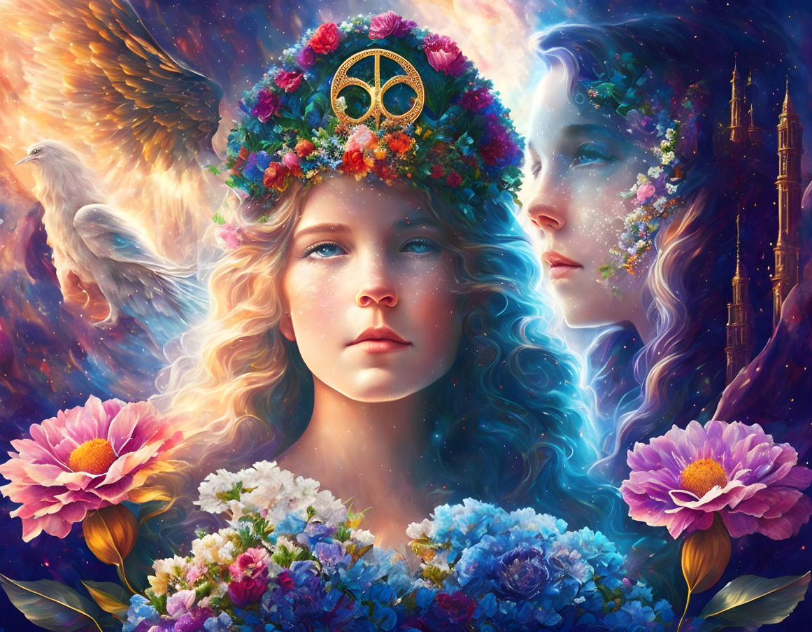 Digital artwork: Female figure with floral crown and dove, blending nature and fantasy with celestial and architectural elements