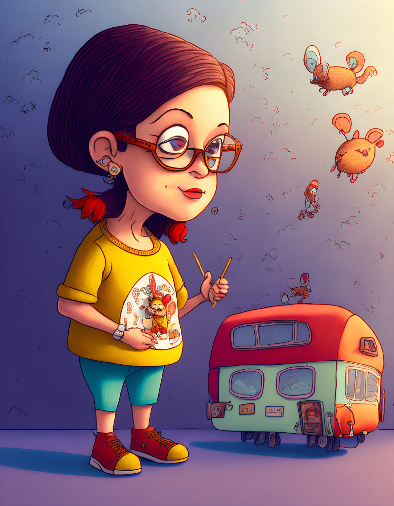 Stylized girl with glasses holding pencil and paper next to whimsical van and floating mice