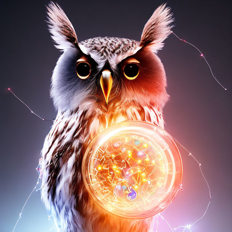 Illustrated owl with intense eyes holding luminous electric orb on gradient background