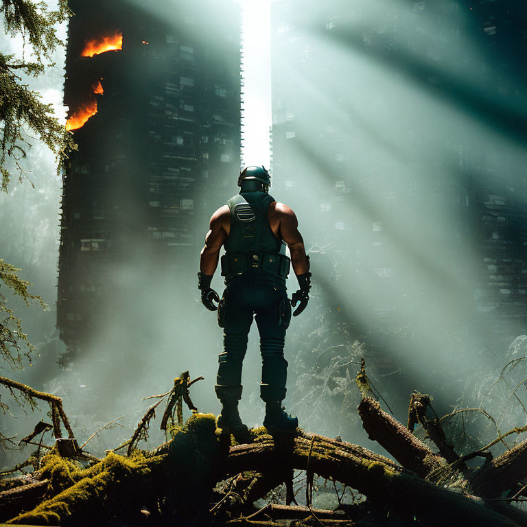 Person in tactical suit gazes at burning structure in forest scene