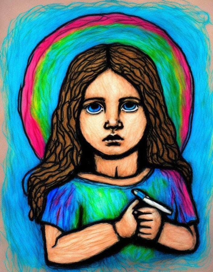 Colorful drawing of girl with brown hair and blue eyes on rainbow background