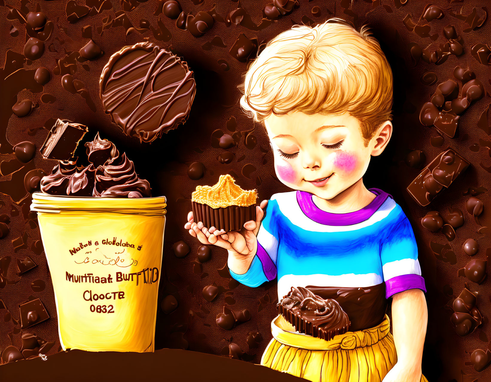 Young child with chocolate cupcake and sweets illustration