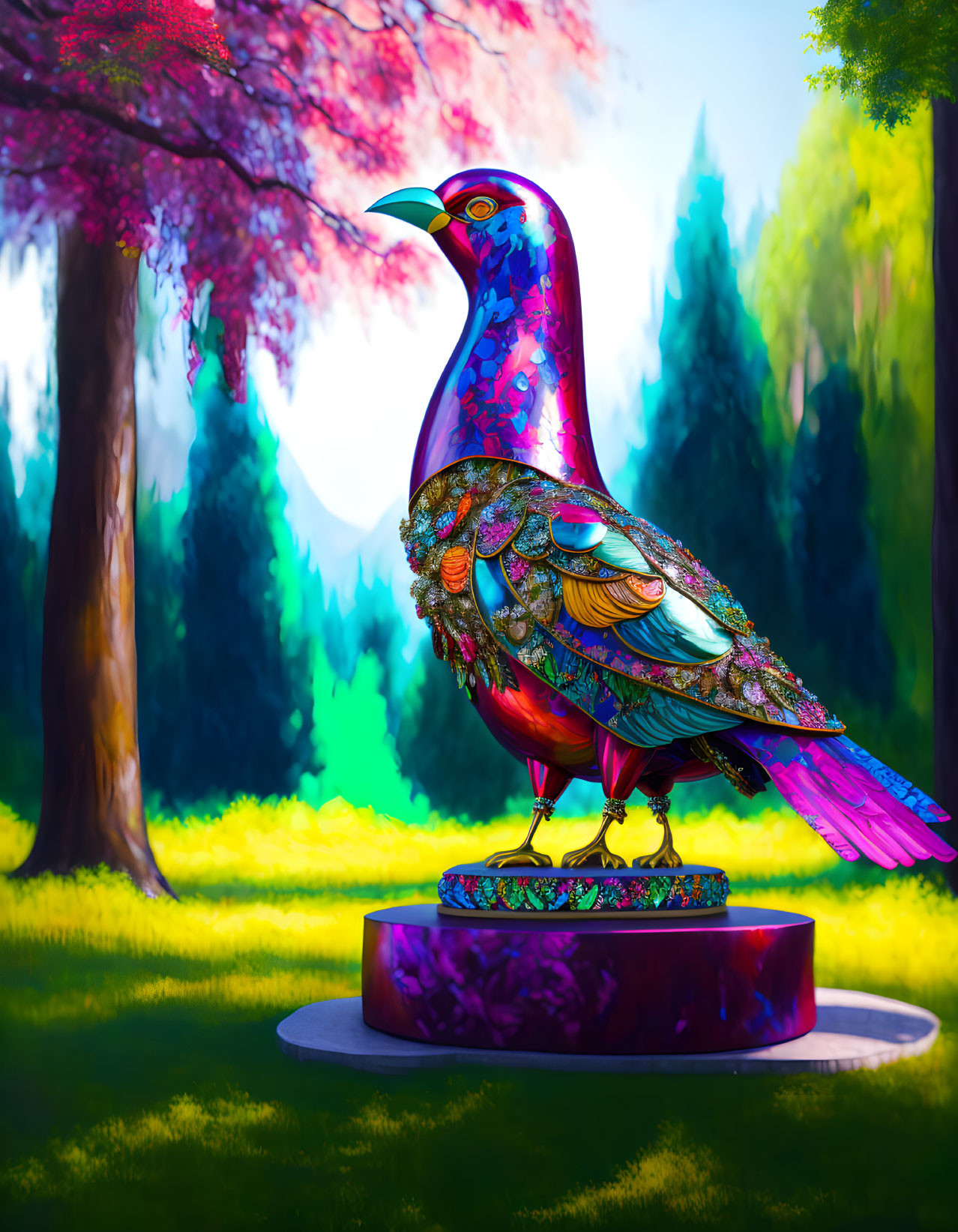 Colorful bird sculpture in vibrant park setting