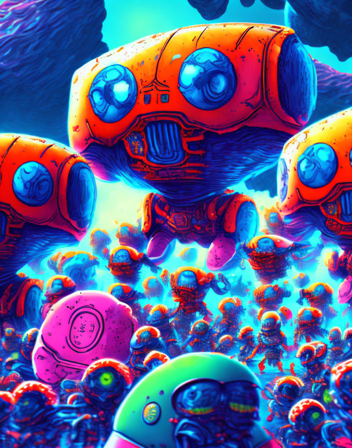 Colorful sci-fi scene: orange robots hover over alien creatures in crowd under blue sky