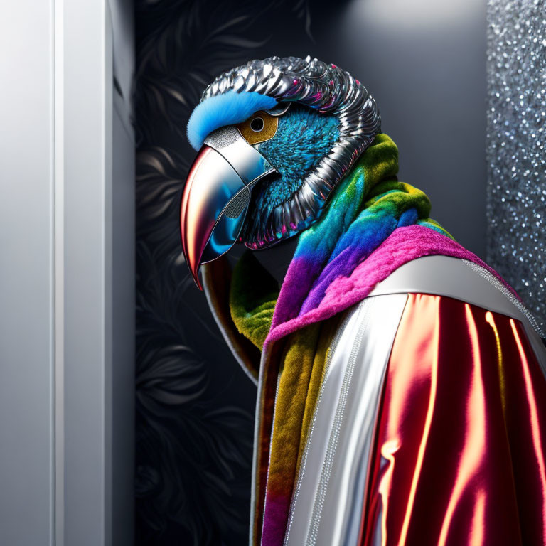 Colorful Parrot Digital Artwork with Human-Like Attire and Silver Mask