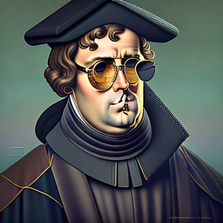 Historical character in academic dress with aviator sunglasses illustration