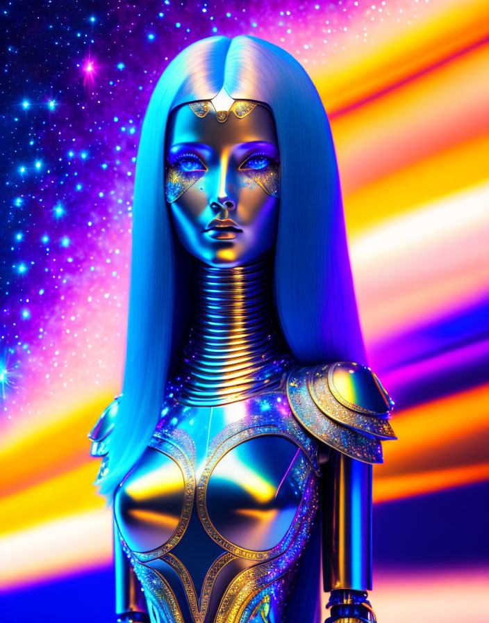 Blue-haired female android in metallic armor on neon background