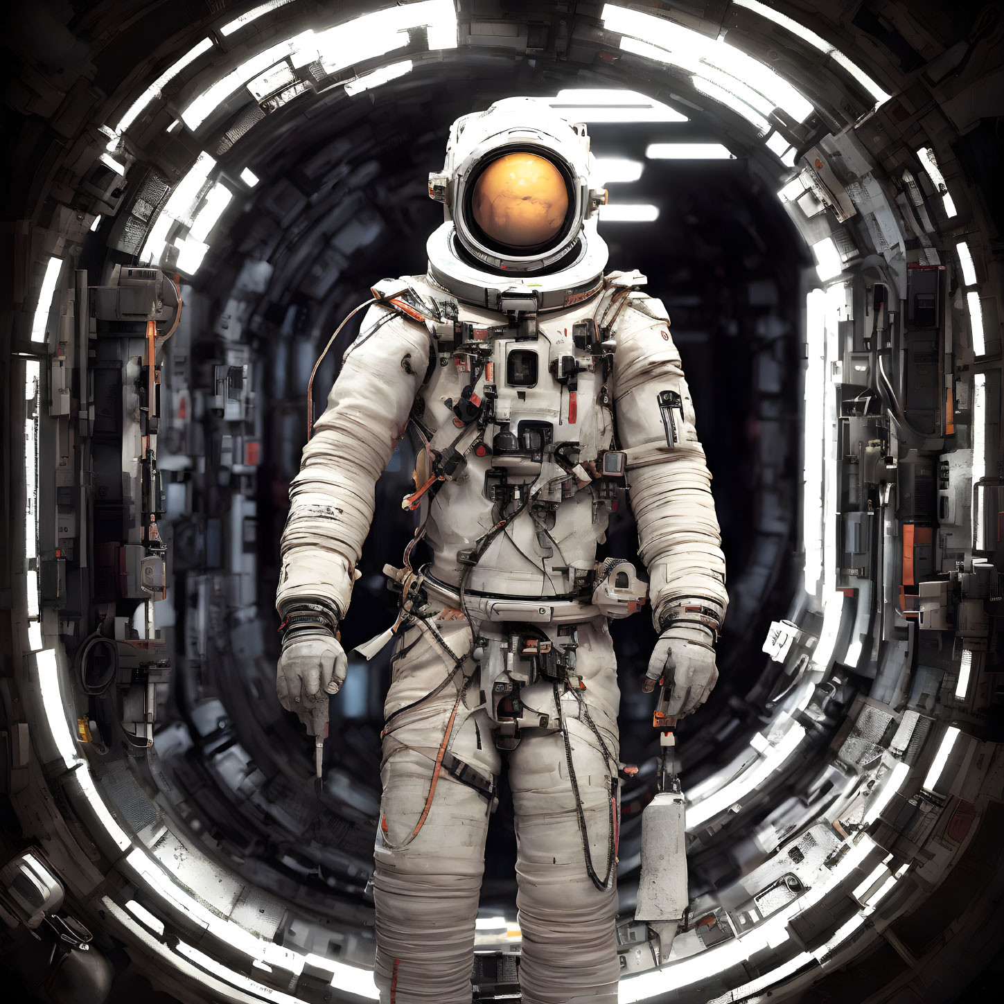 Astronaut in white space suit in circular space station airlock