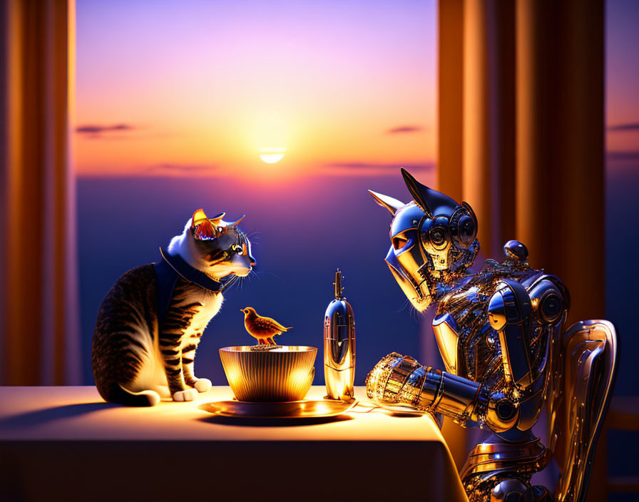 Robot, cat, bird, and bowl at table in sunset scene with drink offer.