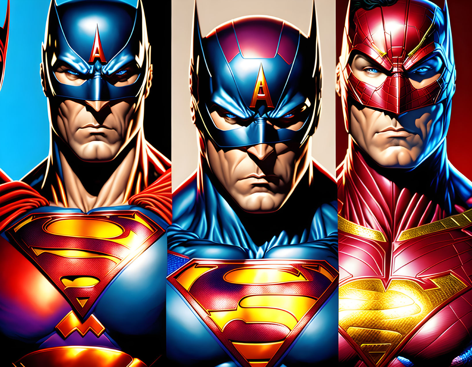 Colorful Comic Book Style Superhero Faces: Blue and Red, Dark Blue, Metallic Red and Gold