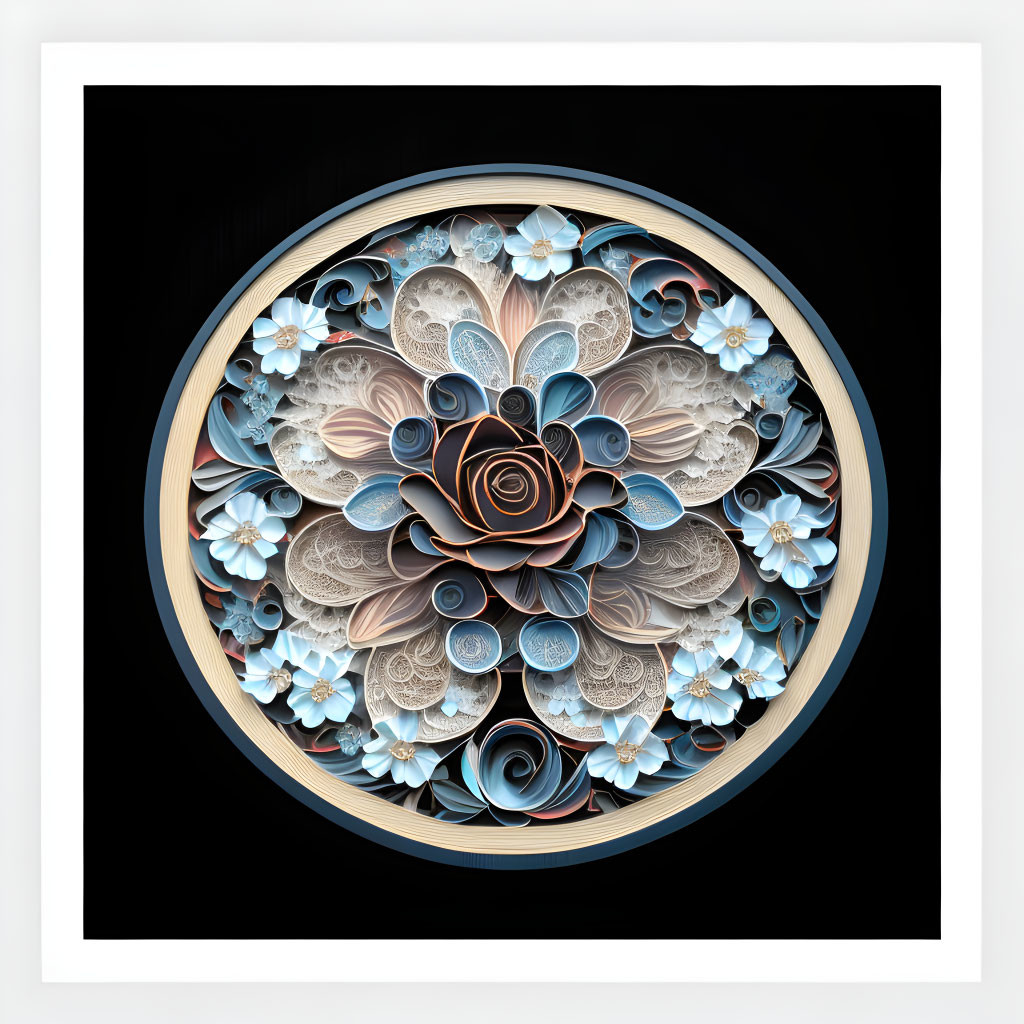 Circular Paper Quilling Artwork with Blue, White, and Brown Flowers