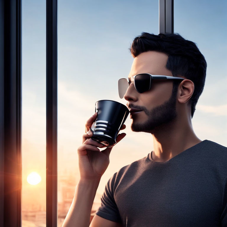 Man in sunglasses holding coffee cup by window at sunset