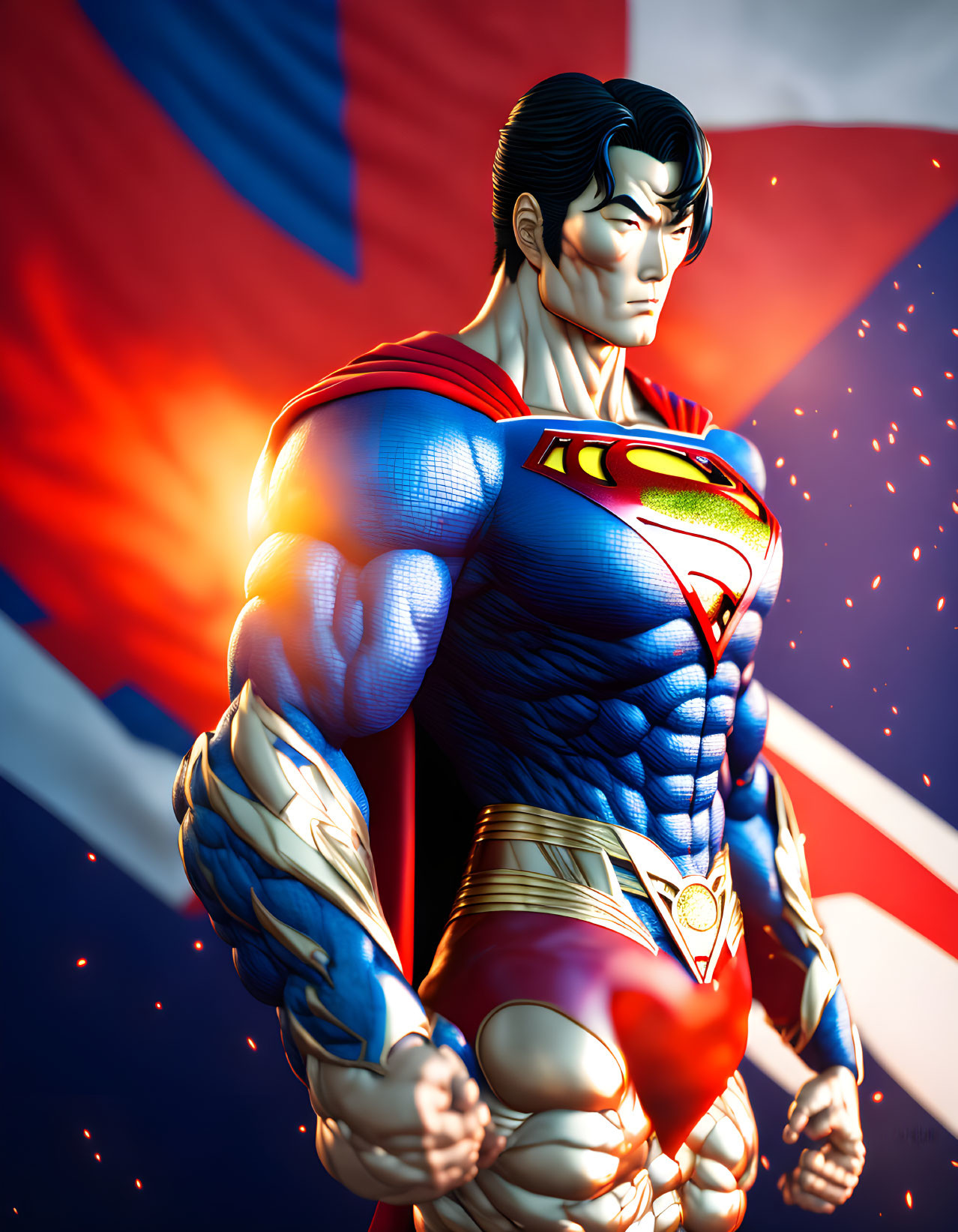 Superman digital art: Muscular hero with American flag