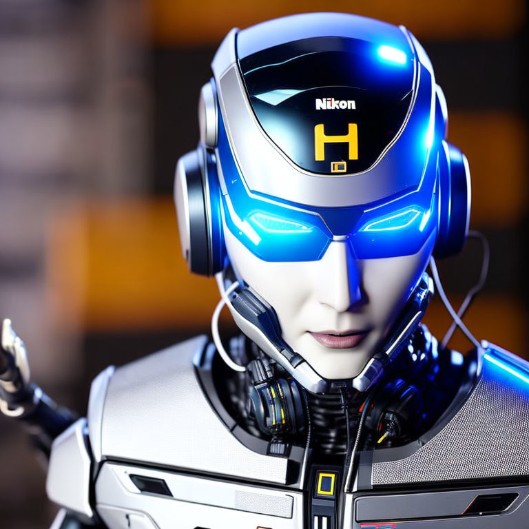 Futuristic robot with 'Nikon' helmet, blue eyes, and modern metallic suit