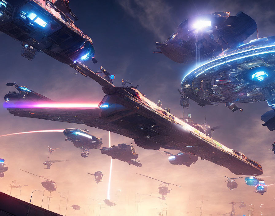 Futuristic battle scene with spaceships and laser beams in red sky