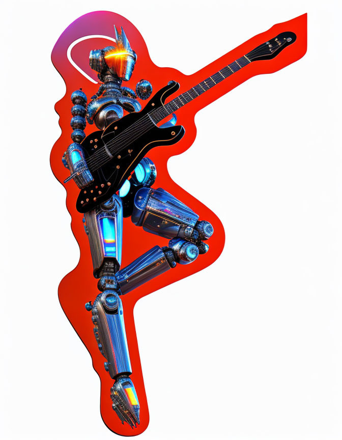 Vibrant futuristic guitar artwork on red backdrop