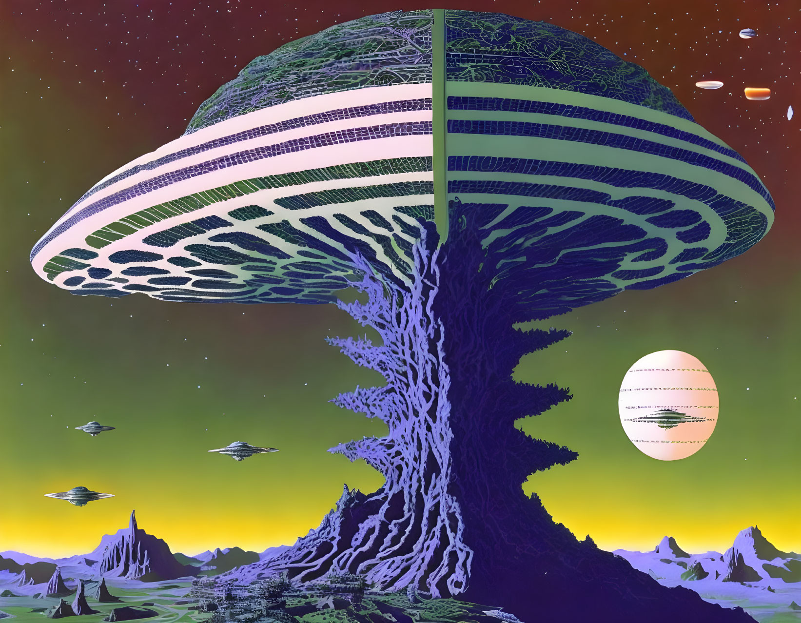 Alien skies show vast tree-like structure merging with spaceship