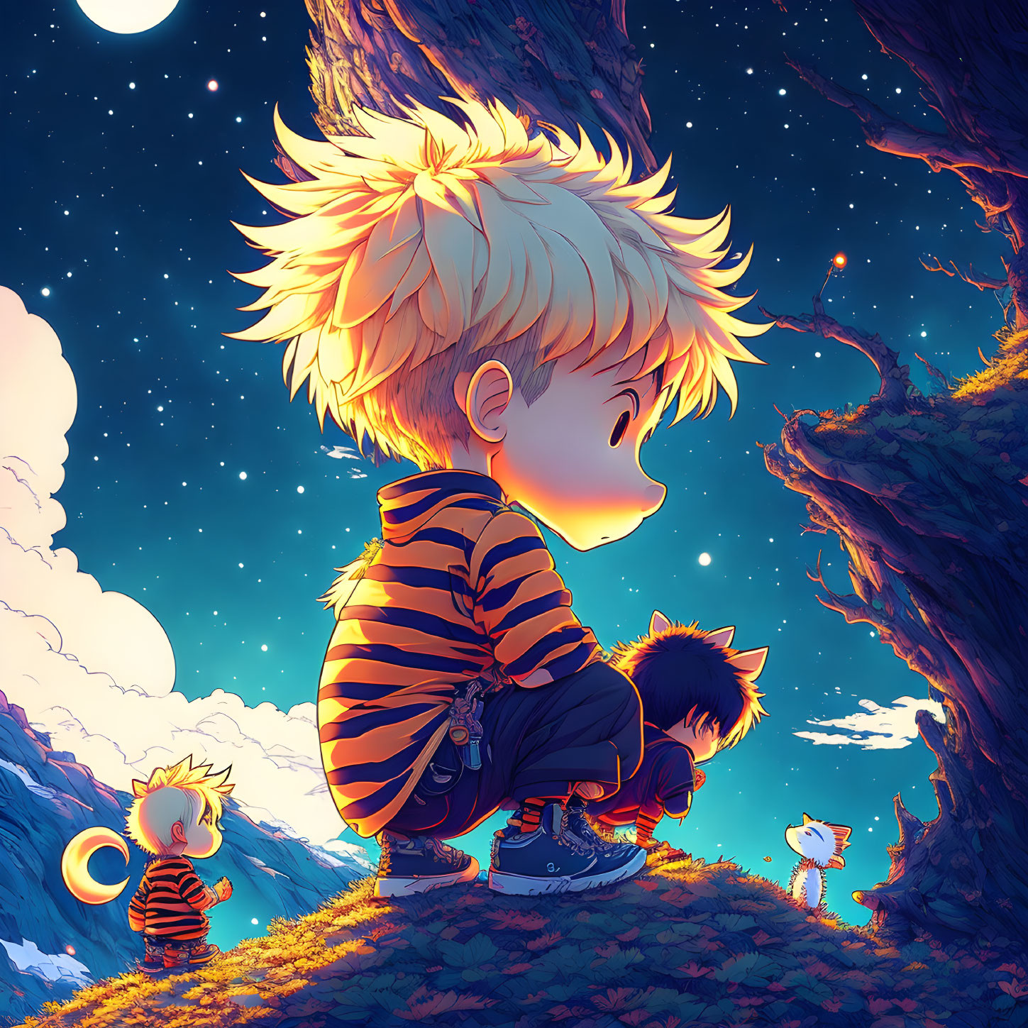 Anime-style illustration of three children with animal tails and a small creature on grassy knoll under twilight