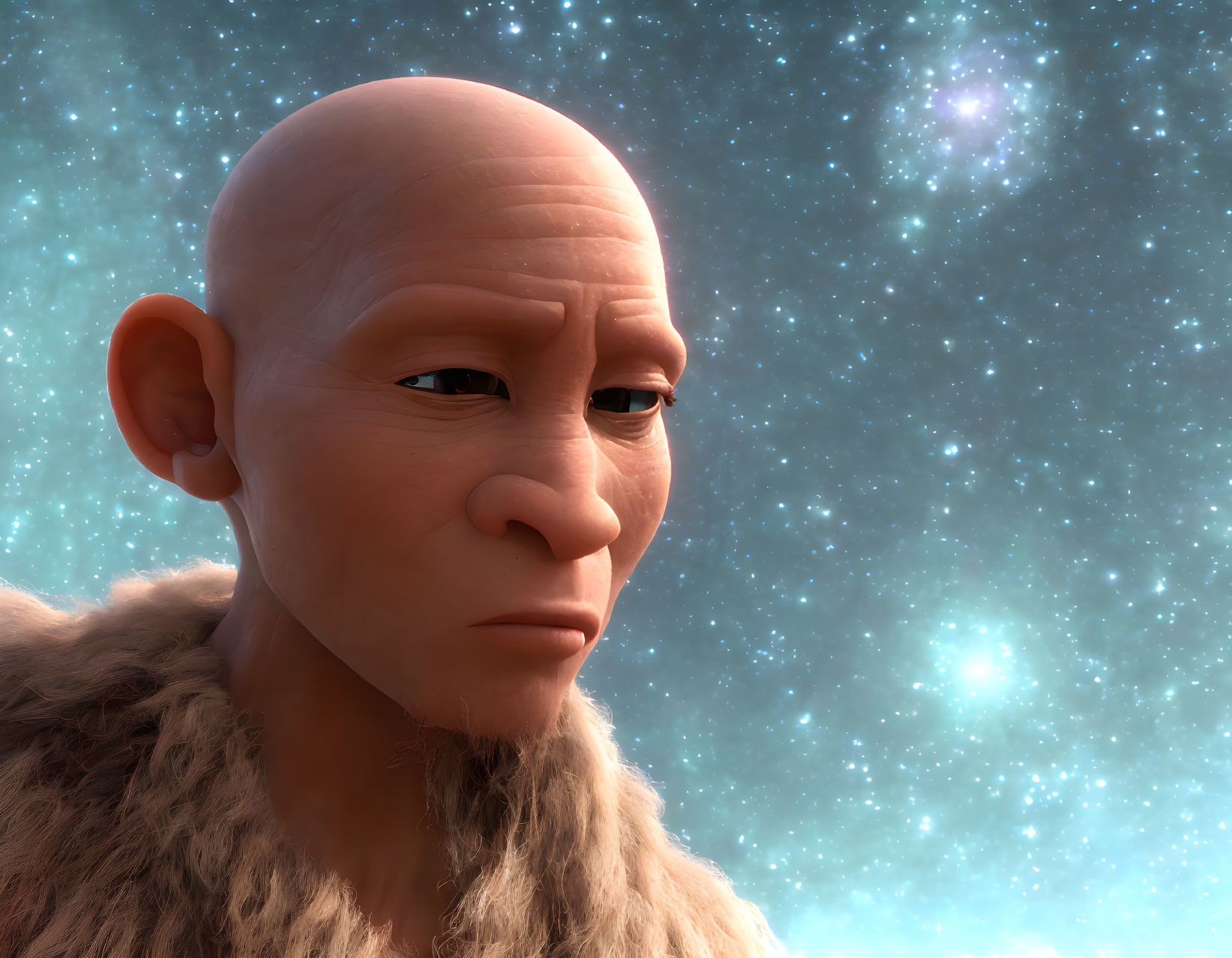 Bald humanoid creature in fur against starry space