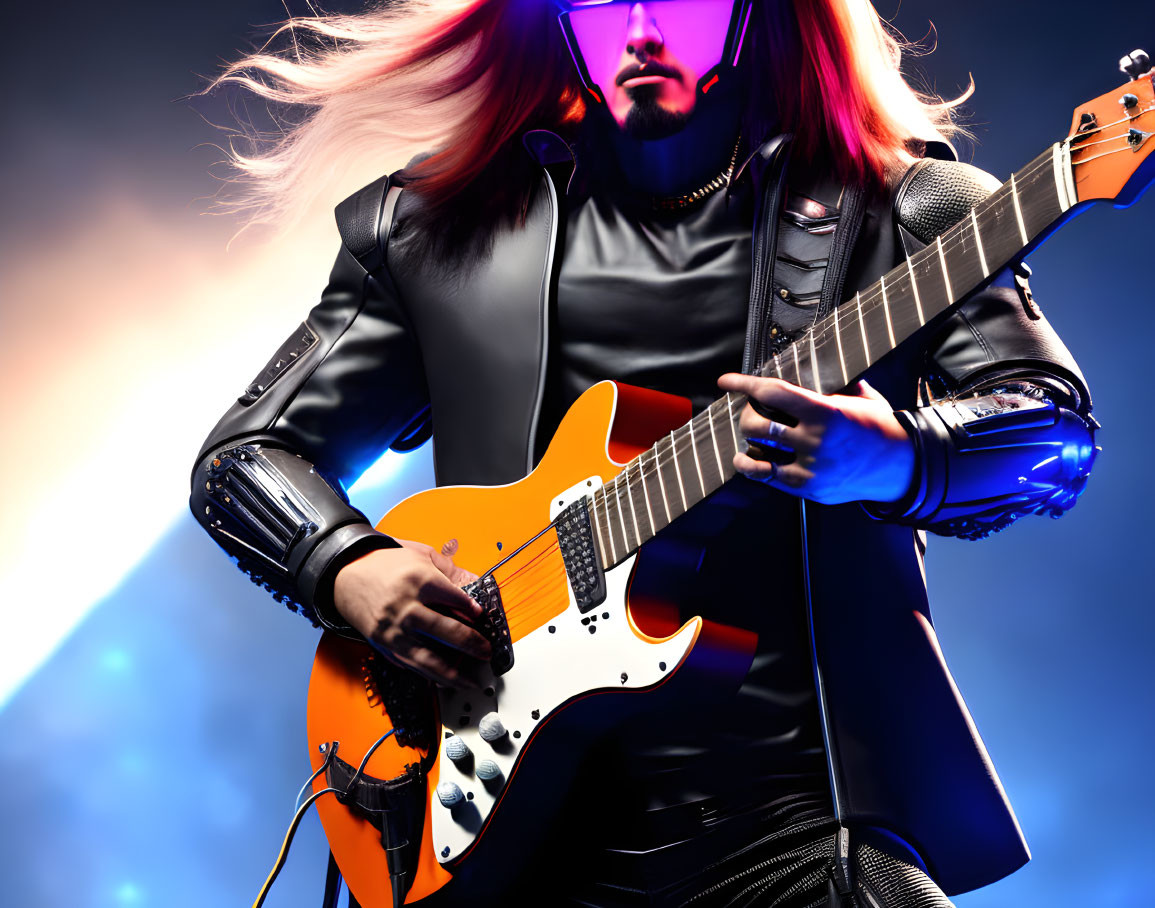 Blonde guitarist in leather playing electric guitar in blue-lit setting