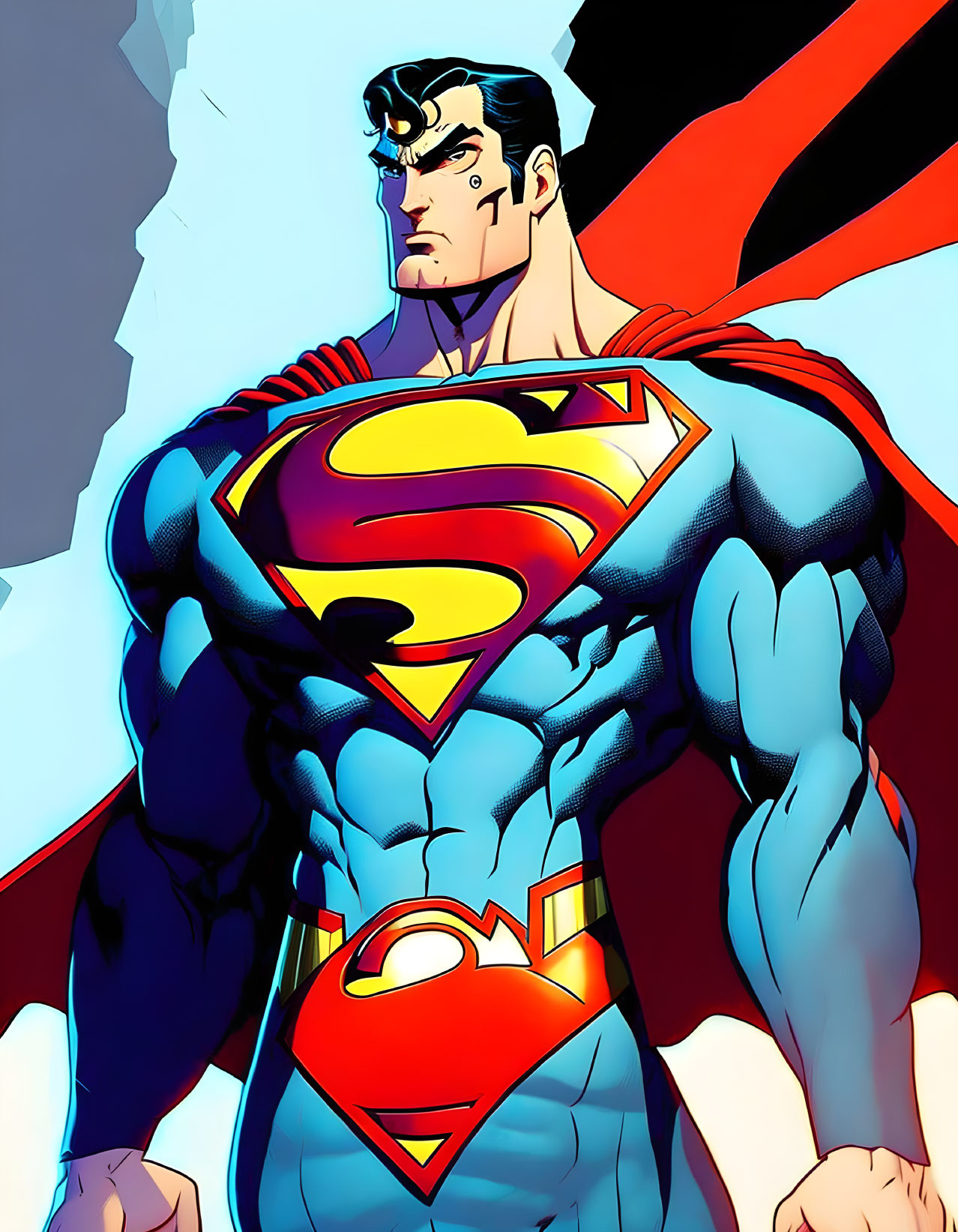 Superman illustration with red cape and 'S' emblem on blue suit