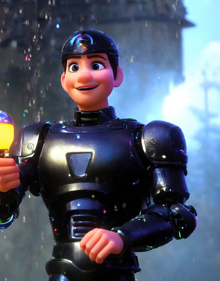 Futuristic black police uniform on smiling 3D character