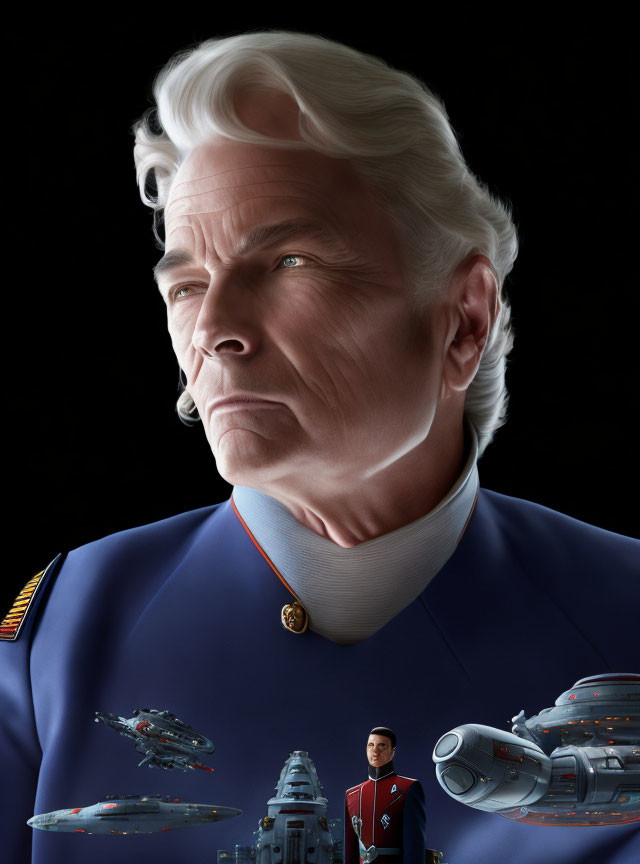 Illustration of older man in futuristic military uniform with spacecraft