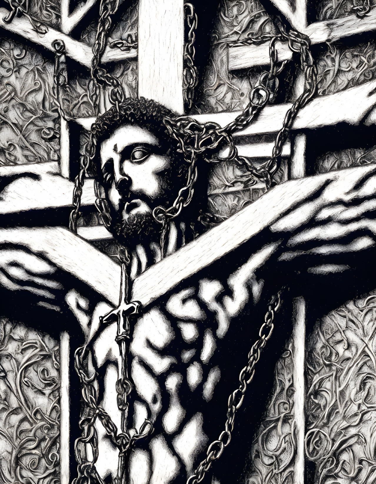 Monochrome depiction of Jesus Christ on the cross with chains, textured backdrop