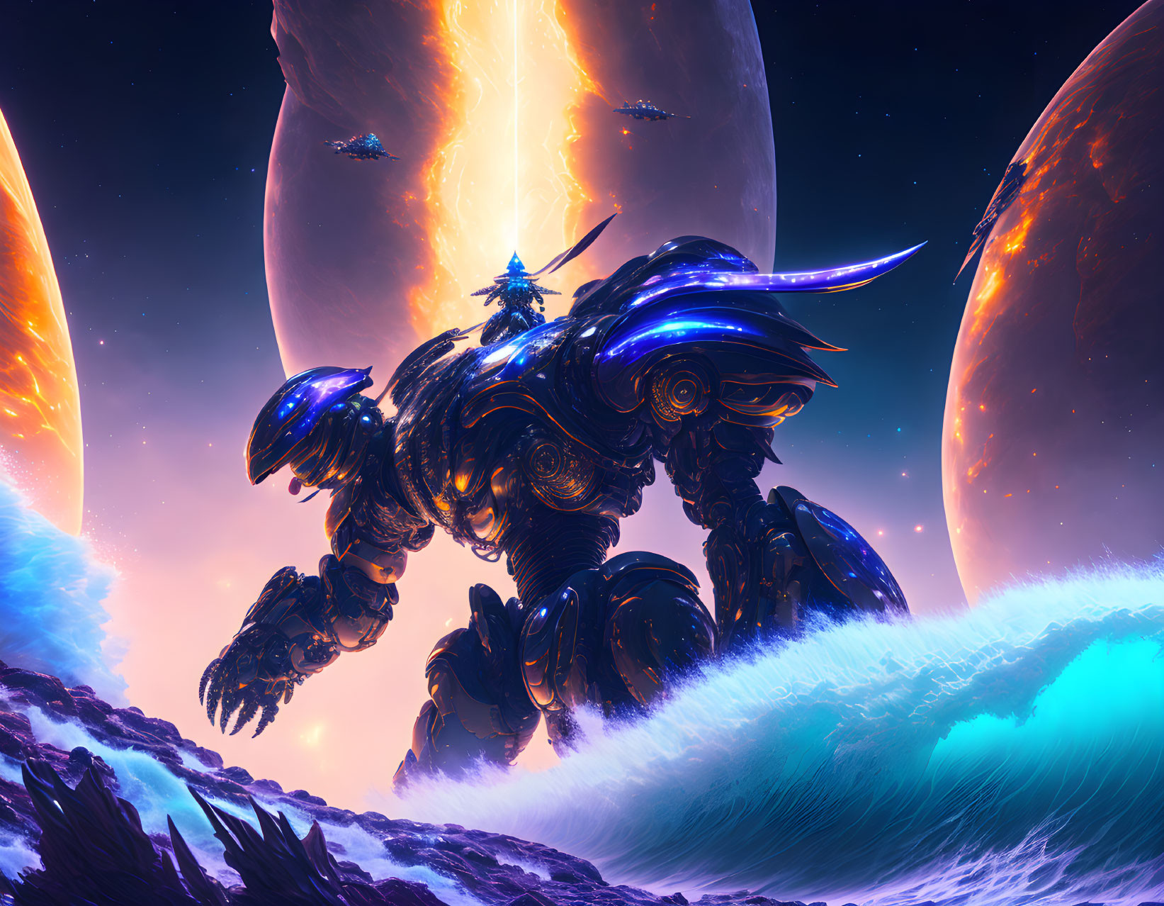 Glowing blue accented armored figure on rocky shore with planets and fiery meteor